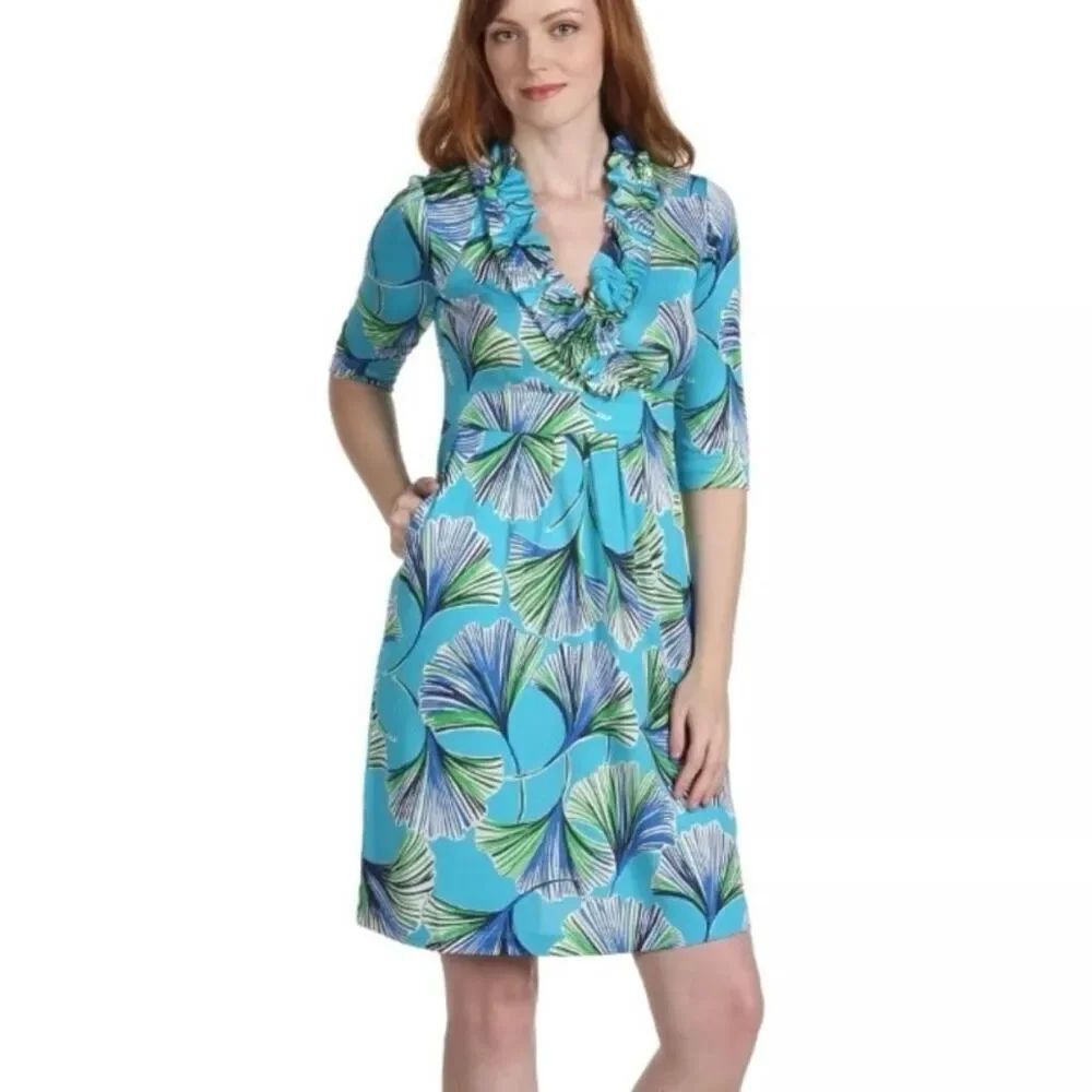 Lilly Pulitzer size XS Blayney Ruffle Dress Ginko Leaf Pattern Silk Blend